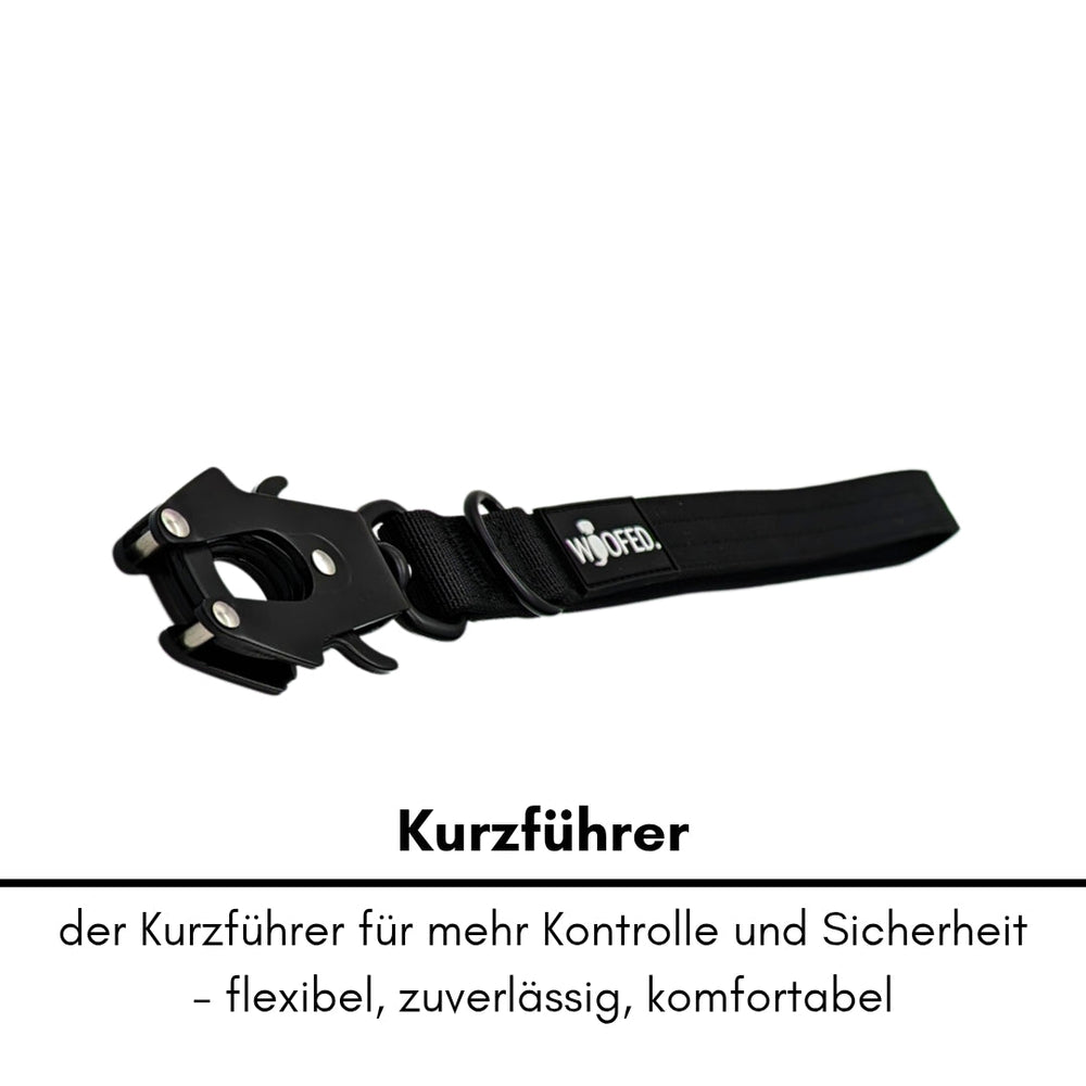 Schwarze Führleine mit Froschkarabiner und "WISPET"-Logo, ideal für Haustiere und kurze Ausflüge.
