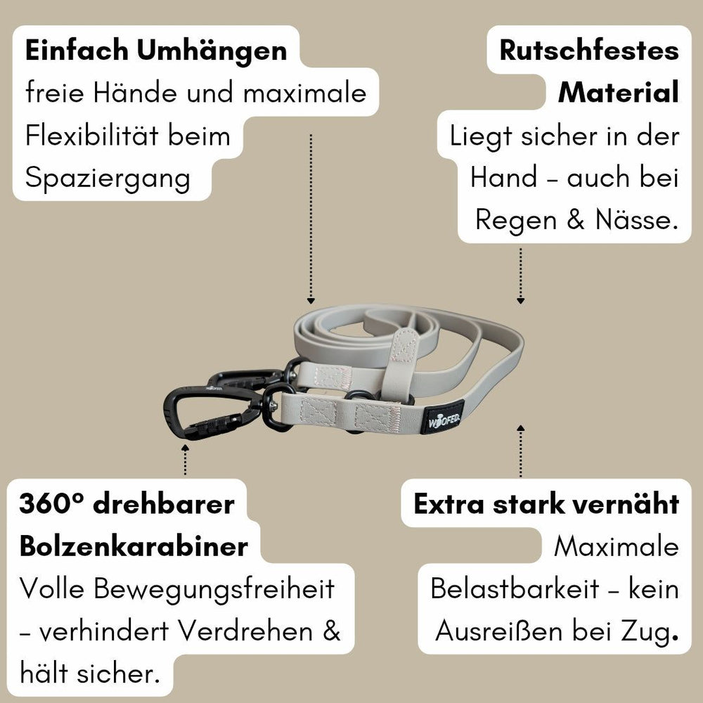 Umhängeleine WOOFLEX® Pro mit 360° drehbarem Karabiner in hellem Farbton, ideal gegen Verdrehungen.