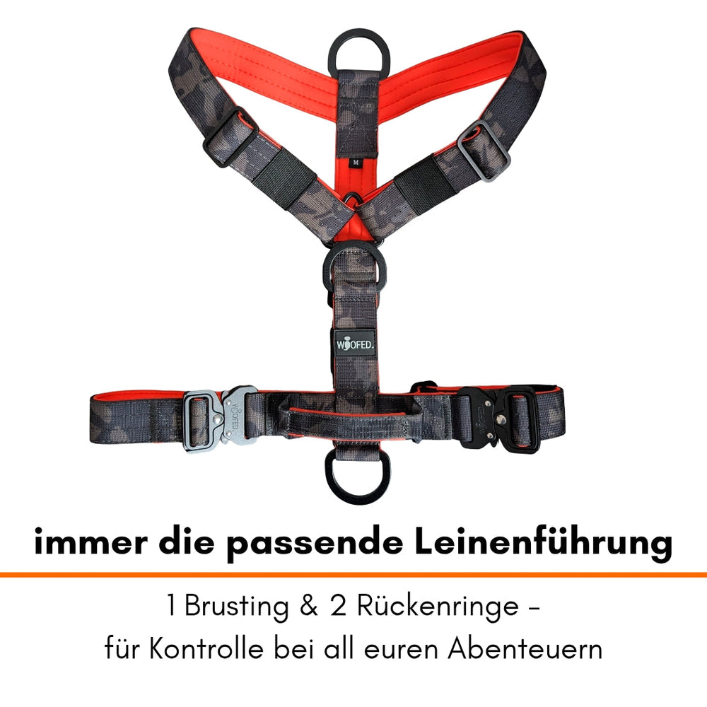 Y-Hundegeschirr mit Camouflage-Muster und roten Akzenten für sichere Leinenführung und Komfort beim Spazierengehen.