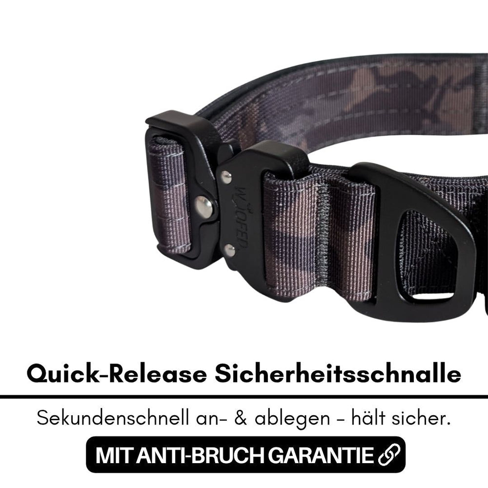 Ultraleichtes Nylon Halsband-Leine-Set mit robuster Quick-Release Sicherheitsschnalle in dunklen Farben.