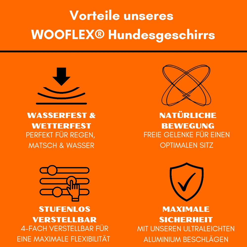 Vorteile des WOOFLEX® Hundegeschirrs: wasserfest, gelenkfreundlich, stufenlos anpassbar. Ideal für aktive Hunde.