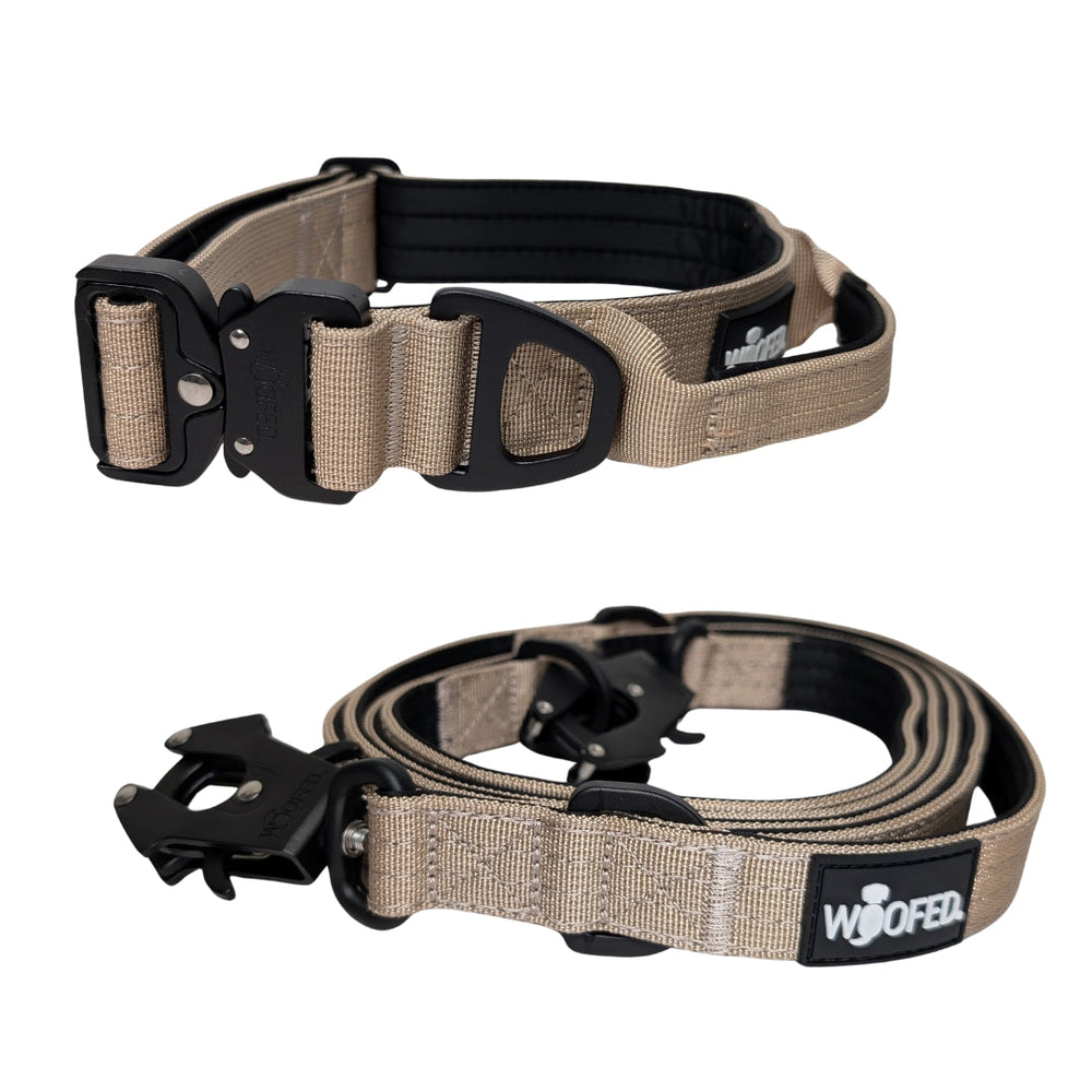 Nylon Halsband-Leine-Set ultraleicht in beige mit schwarzen Schnallen, robust und komfortabel für Hunde, ideal für Training u