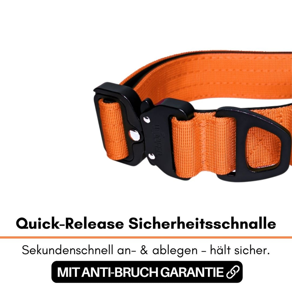 "Ultraleichtes Nylon-Halsband mit orangefarbener Quick-Release-Schnalle und schwarzen Verbindungsstücken für Sicherheit."