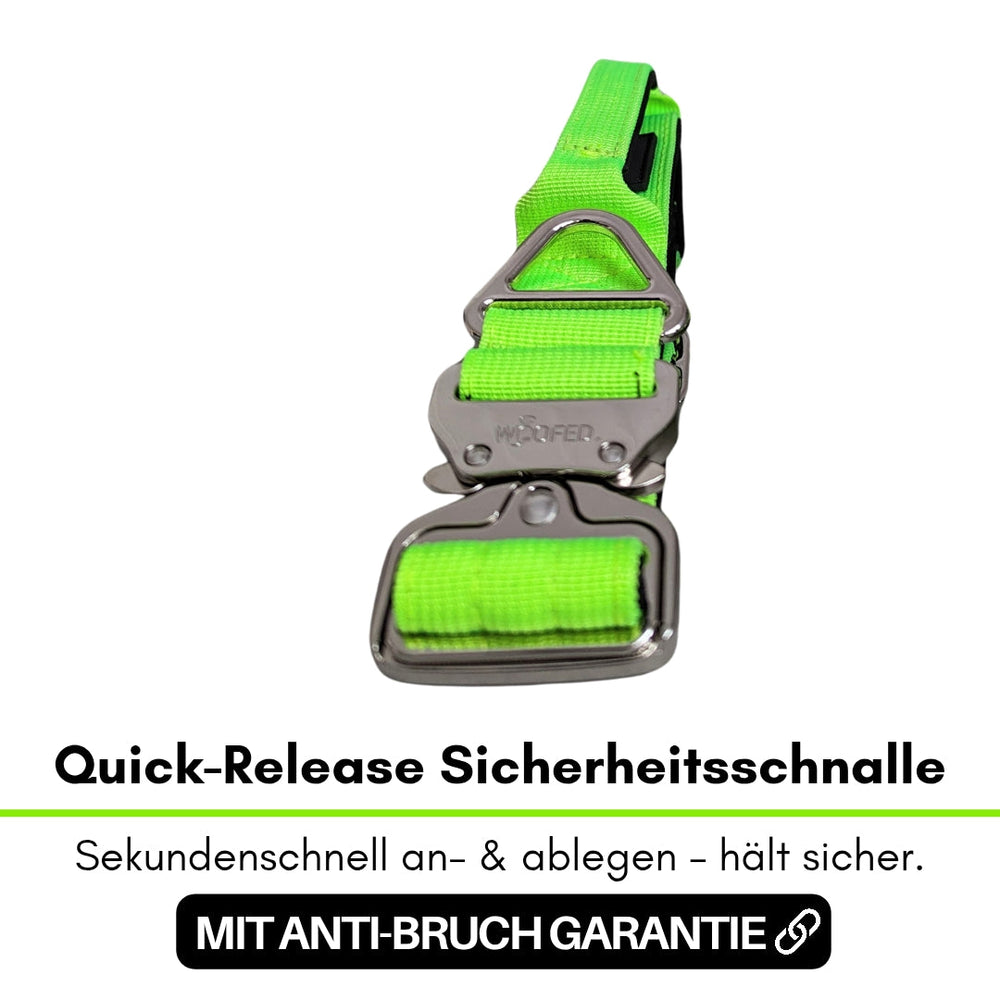 Taktisches Nylon Halsband mit Griff und Sicherheitsverschluss für Hunde, grüne Quick-Release Schnalle, robust und langlebig.