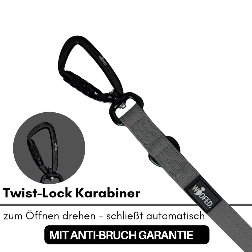 Schwarzer Twist-Lock Karabinerhaken an grauem Gurt mit Anti-Bruch-Hinweis für sichere Hundeleinen.