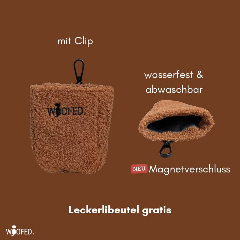 Braune multifunktionale Gassitasche von WOOFED., wasserfest und abwaschbar, als Bauchtasche oder Schultertasche nutzbar.