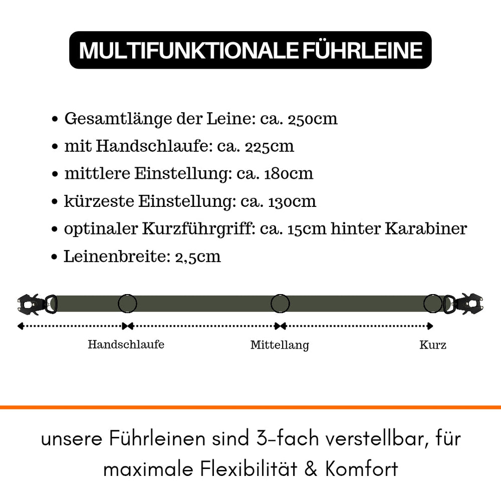 Multifunktionale Führleine aus Nylon mit Froschkarabiner, Länge bis 250 cm, verstellbar in 225 cm und 180 cm.