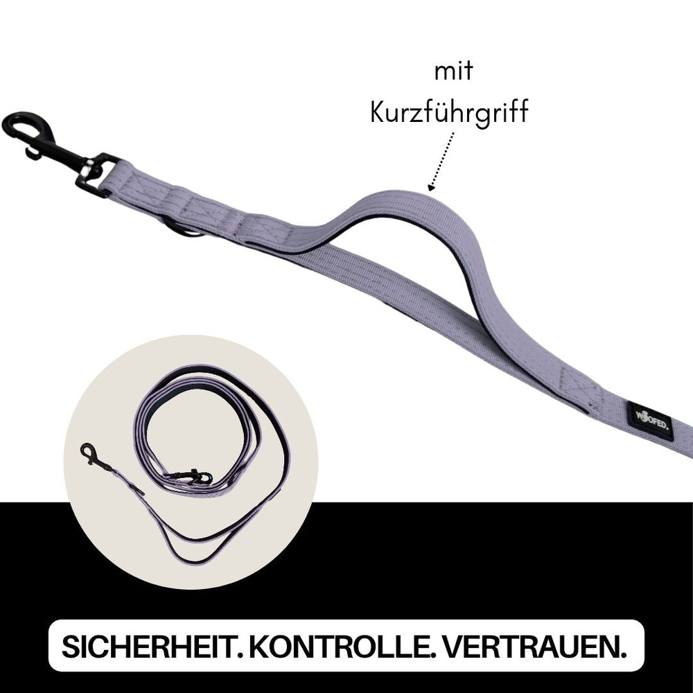 Graue Nylon Führleine Classic mit Kurzführgriff und Karabinerhaken, ideal für Spaziergänge mit Ihrem Hund.