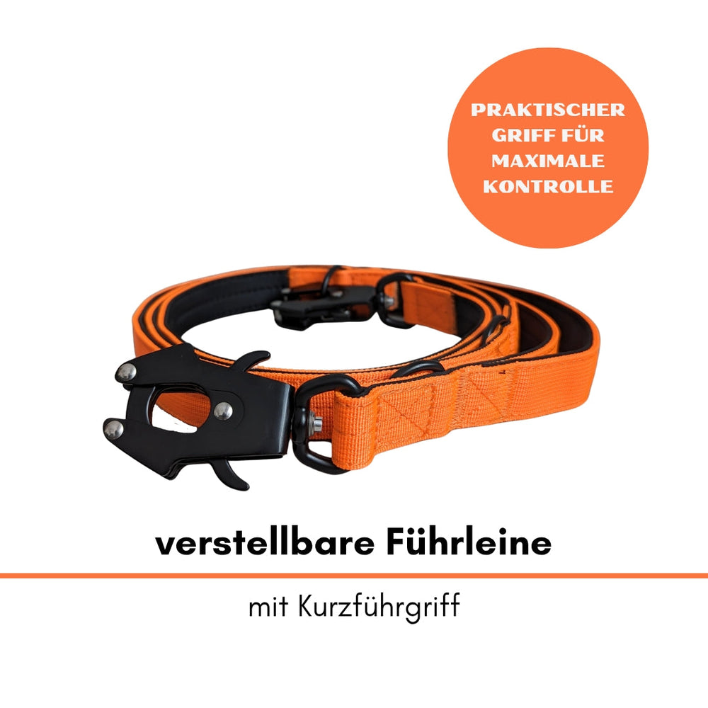 Verstellbare Hundeleine in leuchtendem Orange mit Kurzgriff und stabilem Froschkarabiner für optimale Kontrolle.