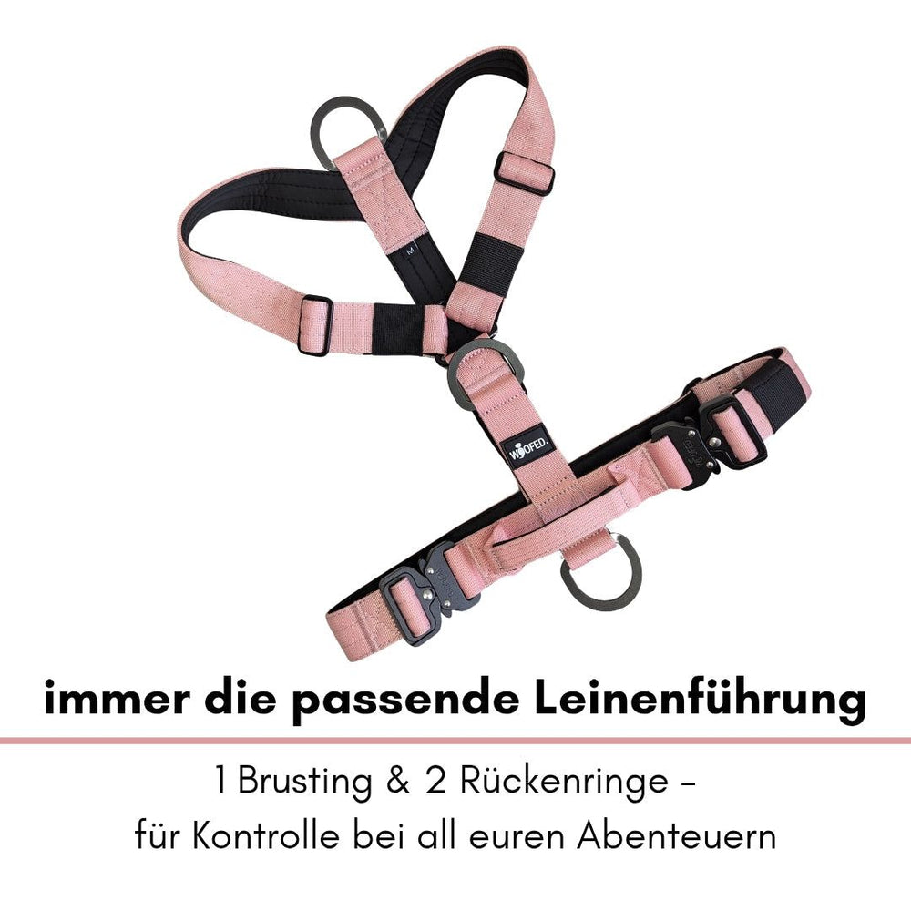 "Rosa Y-Hundegeschirr mit Griff, Brustring und zwei Rückenringen für optimale Kontrolle bei Unternehmungen."