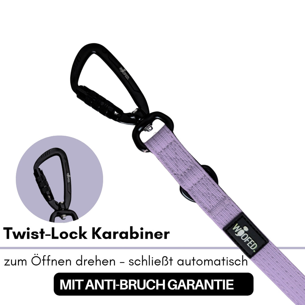 Lila Hundeleinenkarabiner mit Twist-Lock-Funktion, sicher und automatisches Schließen für optimale Sicherheit.
