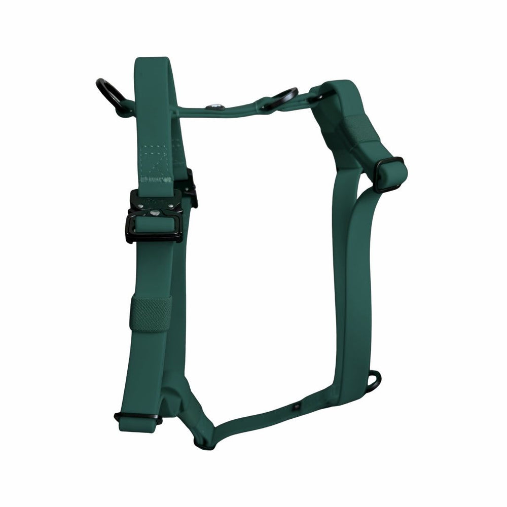 Grünes Y-Hundegeschirr WOOFLEX® mit Griff, verstellbaren Riemen und ergonomischem Design für optimalen Komfort.
