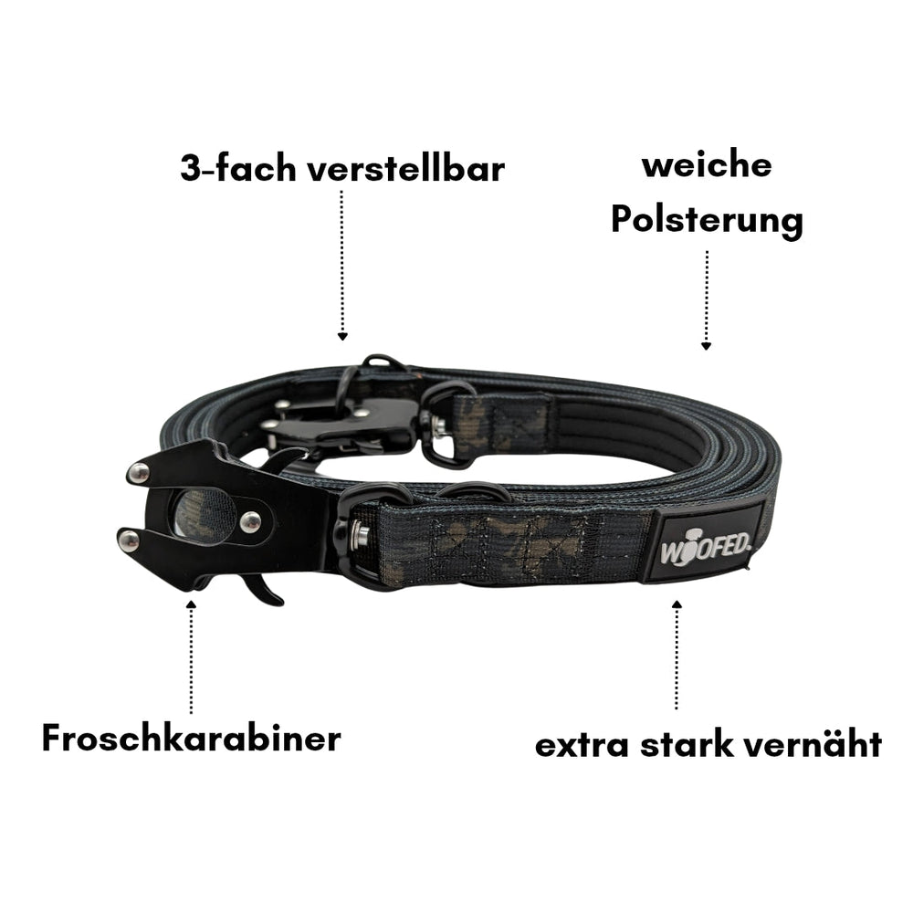 Verstellbare Hundeleine aus Nylon mit Froschkarabiner und komfortabler Polsterung für Hunde.