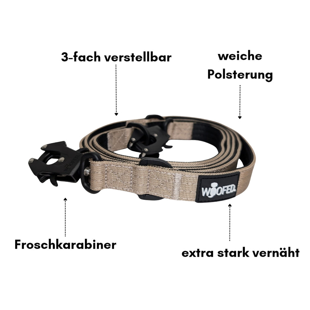 Beige Hundehalsband aus Nylon mit Froschkarabiner, dreifach verstellbar und weicher Polsterung für optimalen Tragekomfort.