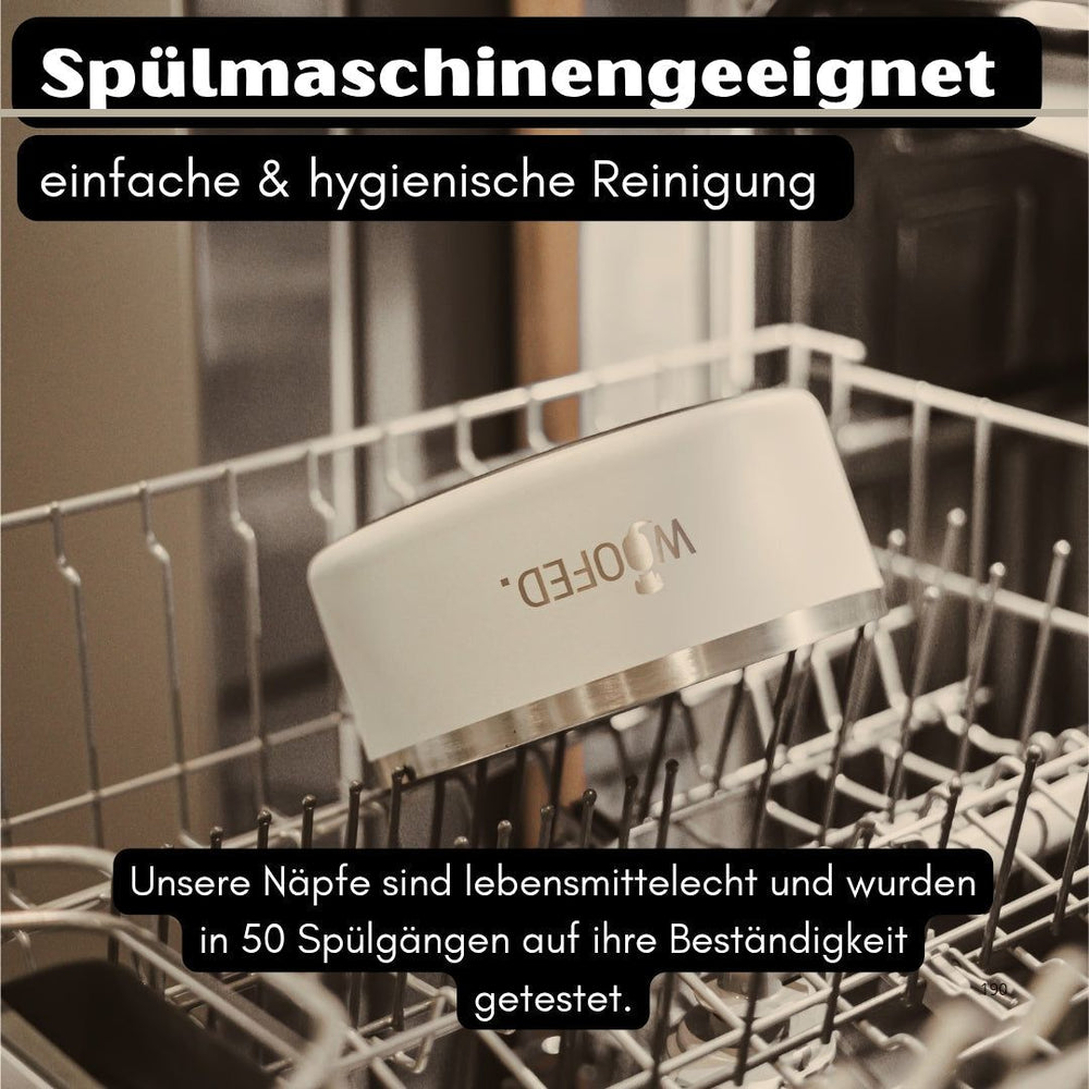 "Premium Edelstahlnapf, spülmaschinengeeignet für einfache und hygienische Reinigung."