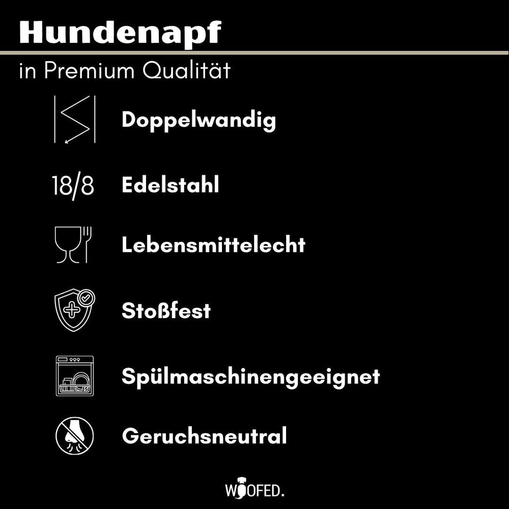 Doppelwandiger Edelstahlnapf aus 18/8 Edelstahl, stoßfest und spülmaschinengeeignet für Hunde.