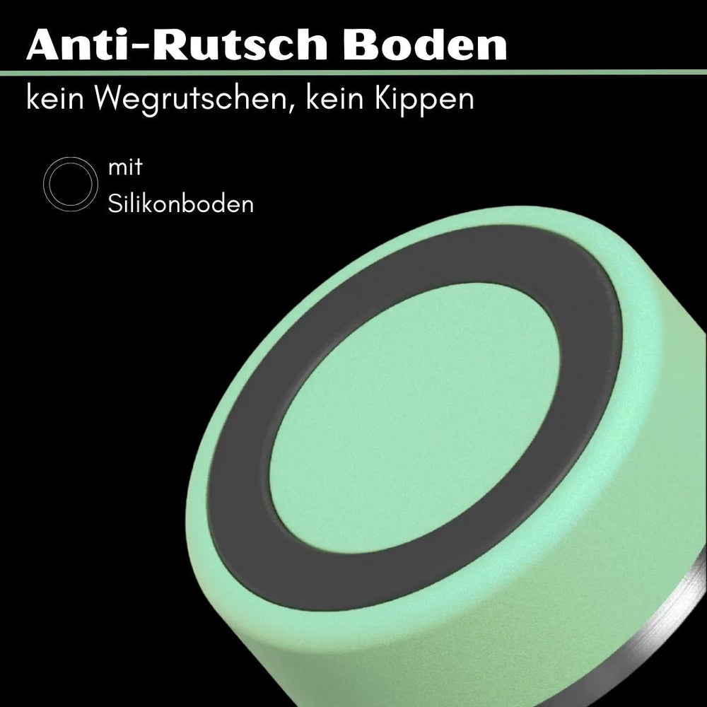 "Runder Premium Edelstahlnapf mit mintgrünem Anti-Rutsch-Boden aus Silikon für sicheren Stand."