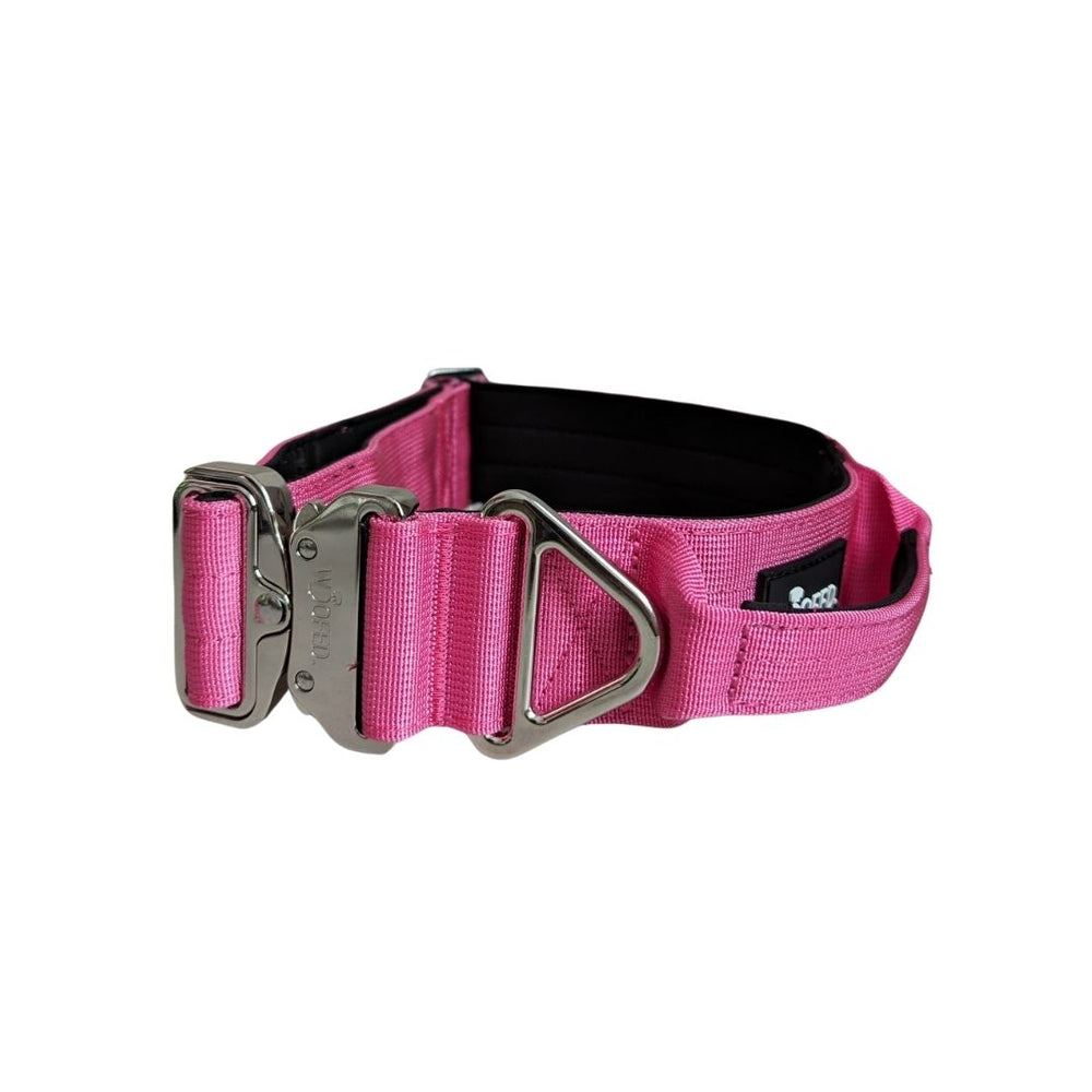 Taktisches Nylon Halsband in Pink mit stabilen Metallverschluss und D-Ring, ideal für aktive Hunde und Outdoor-Abenteuer.