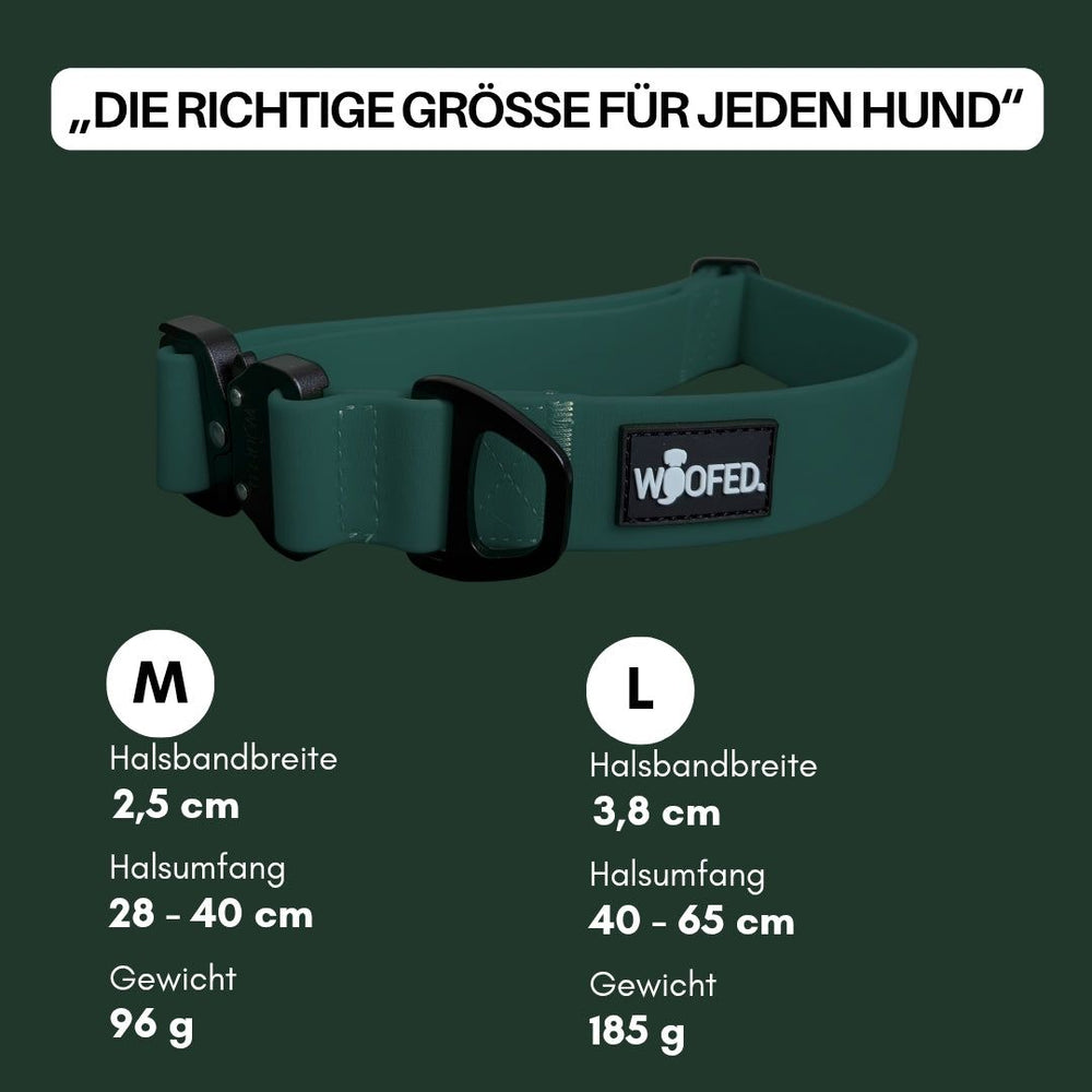 Verstellbares WOOFLEX® Hundehalsband in zwei Größen, ideal für Halsumfänge von 28-65 cm, ohne Griff.