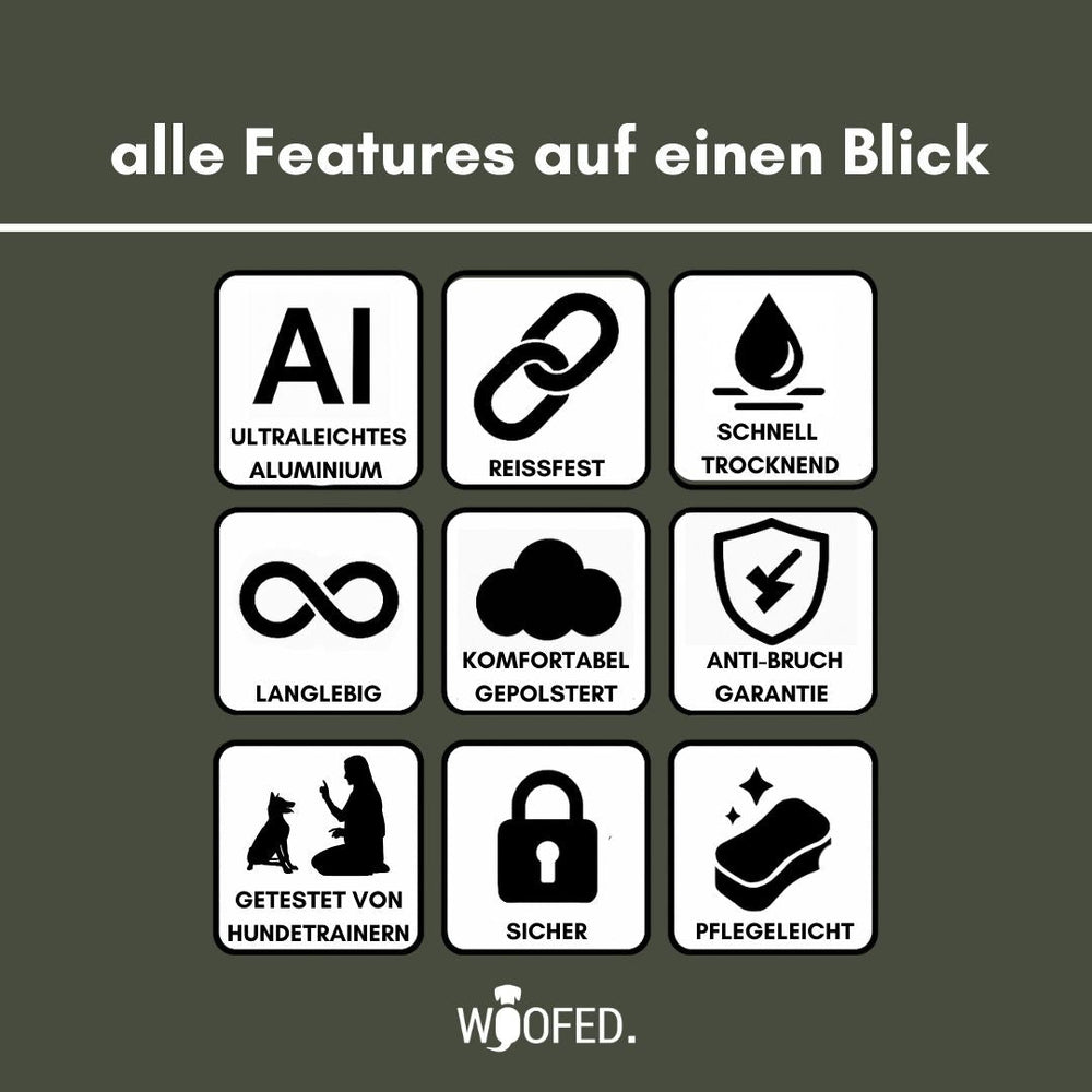 Übersicht von neun Symbolen, die Eigenschaften des ultraleichten Nylon-Halsbands mit Griff darstellen.