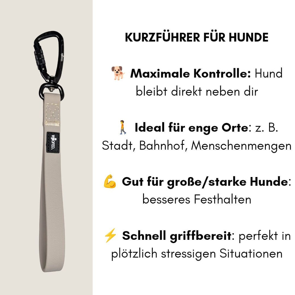Beige Kurzführer WOOFLEX® mit Karabinerhaken, ideal für enge Orte und starke Hunde, bietet maximale Kontrolle.