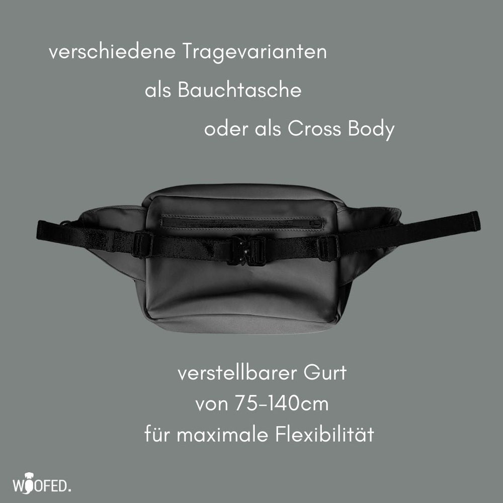 Multifunktionale Gassitasche als Bauchtasche oder Schultertasche mit verstellbarem Gurt für optimale Flexibilität.