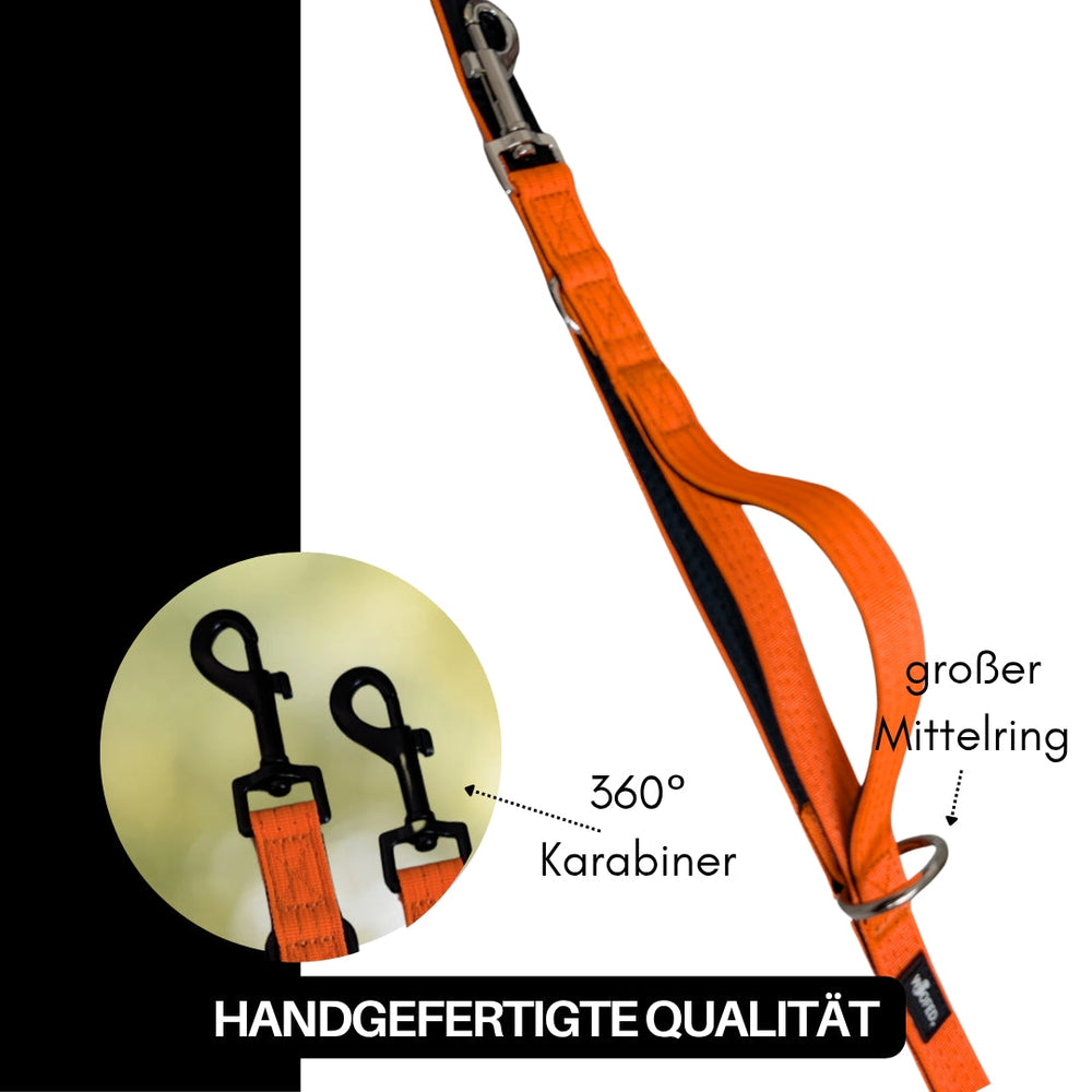 Orangefarbene Nylon Classic Hundeleine mit robustem Karabiner und 360-Grad-Mittelring auf schwarzem Hintergrund.