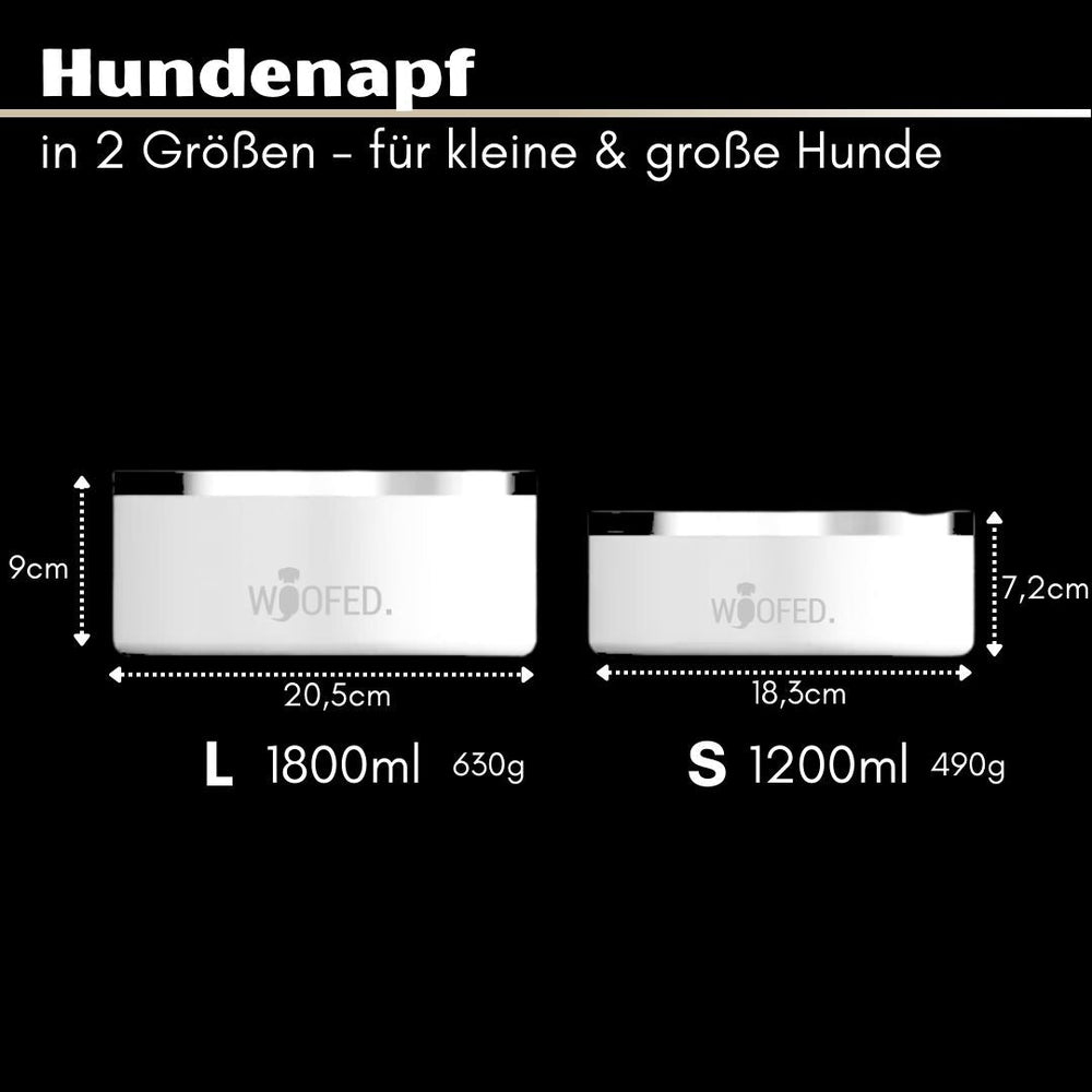 Premium Edelstahlnapf WOOFED in Schwarz, stilvoll und hygienisch, mit Anti-Rutsch-Boden für Hunde, spülmaschinengeeignet.