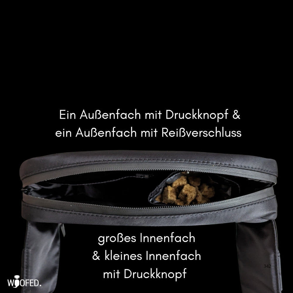 Multifunktionale Gassitasche in verschiedenen Farben mit Fächern für Snacks, ideal für Hundespaziergänge und Abenteuer.