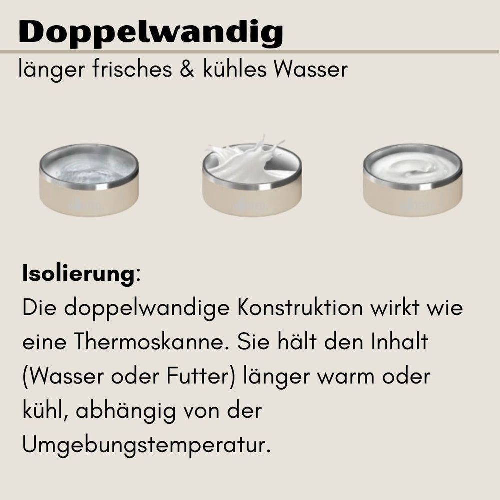 Drei elegante, doppelwandige Edelstahlnäpfe mit goldenem Rand im minimalistischen Design.