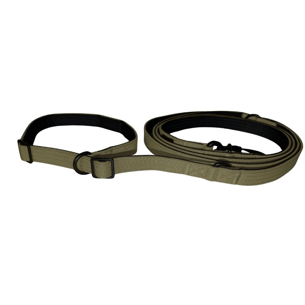Nylon Retrieverleine von WOOFED in beige-oliv, verstellbar mit Twist-Lock Karabiner für Komfort und Sicherheit beim Hundetrai