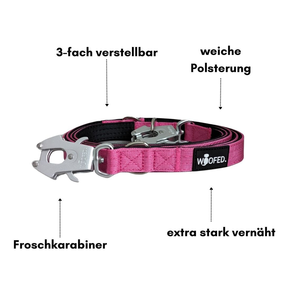 3-fach verstellbare pinke Hundeleine mit weicher Polsterung und starkem Froschkarabiner für optimalen Komfort und Sicherheit.
