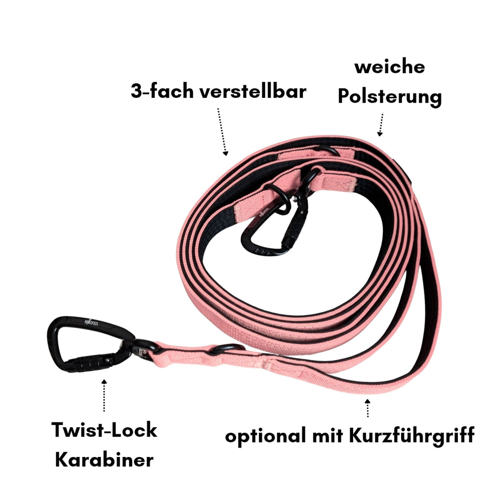 Führleine aus Nylon mit Sicherheitskarabiner, 3-fach verstellbar, rosa-schwarz, gepolstert für mehr Komfort.