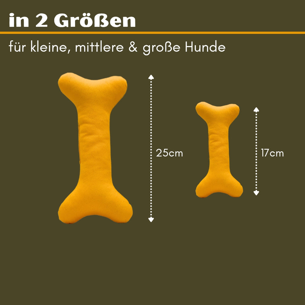 Hundespielzeug Stoffknochen Playbone in gelb, handgefertigt, ideal zum Kuscheln und Apportieren, ohne Quietscher, zwei Größen
