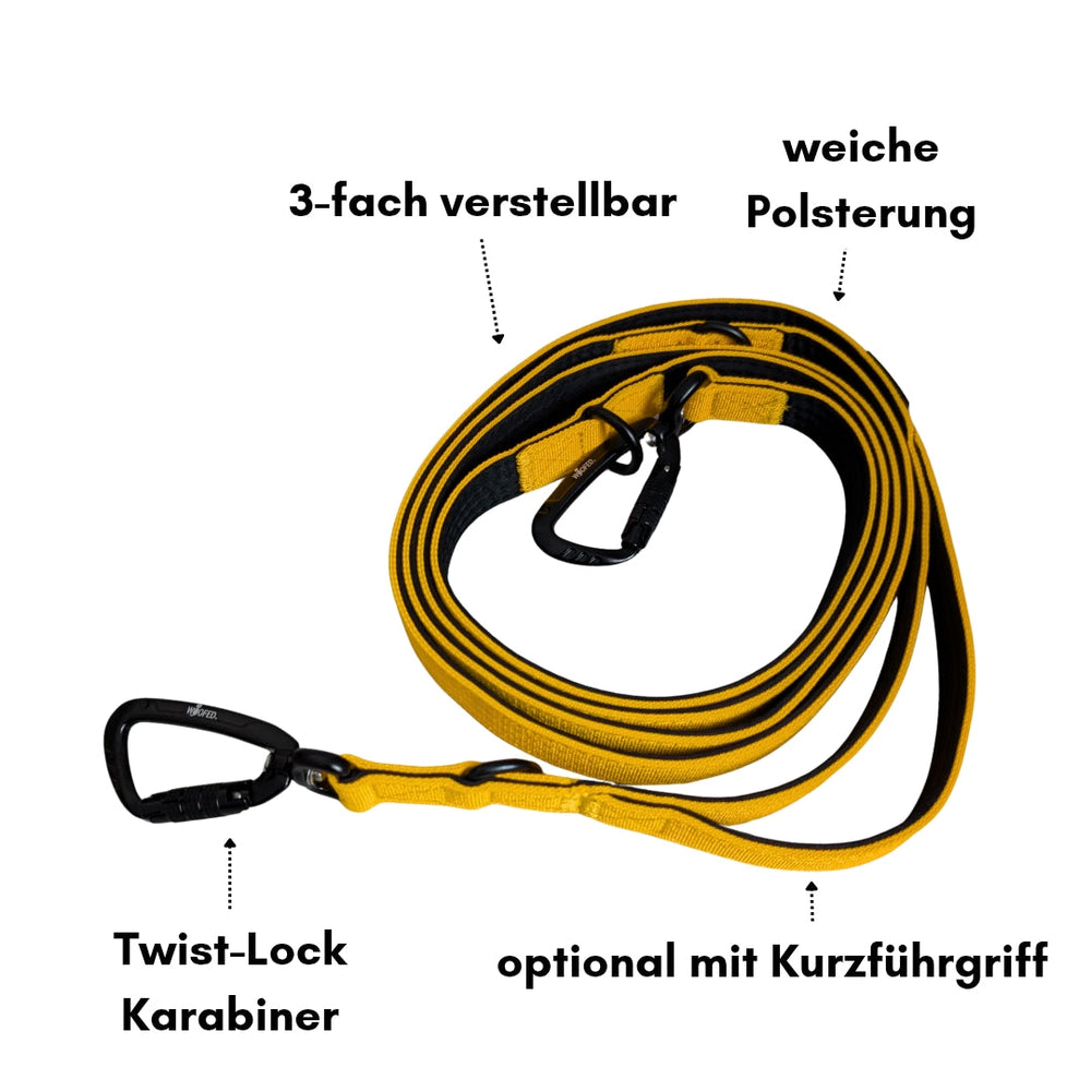 Verstellbare Hundeleine in Gelb und Schwarz mit Polsterung und Twist-Lock Karabiner für optimalen Komfort und Sicherheit.