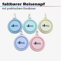 faltbarer Reisenapf 500ml in blau, rosa und beige mit Karabiner und WOOFED-Logo, ideal für Hunde unterwegs