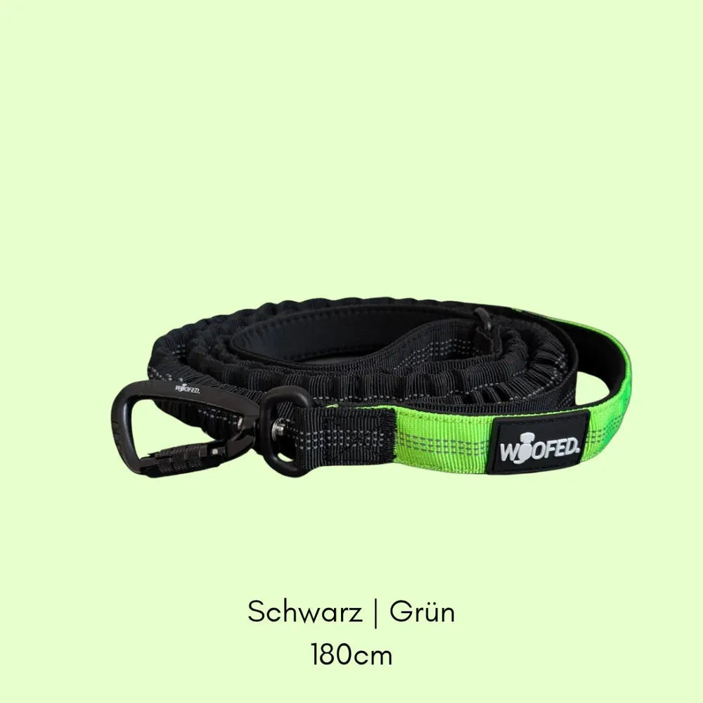 Schwarze Jogging- und Wanderleine mit grünen Akzenten, 180 cm lang, gepolsterter Griff und Karabinerhaken.