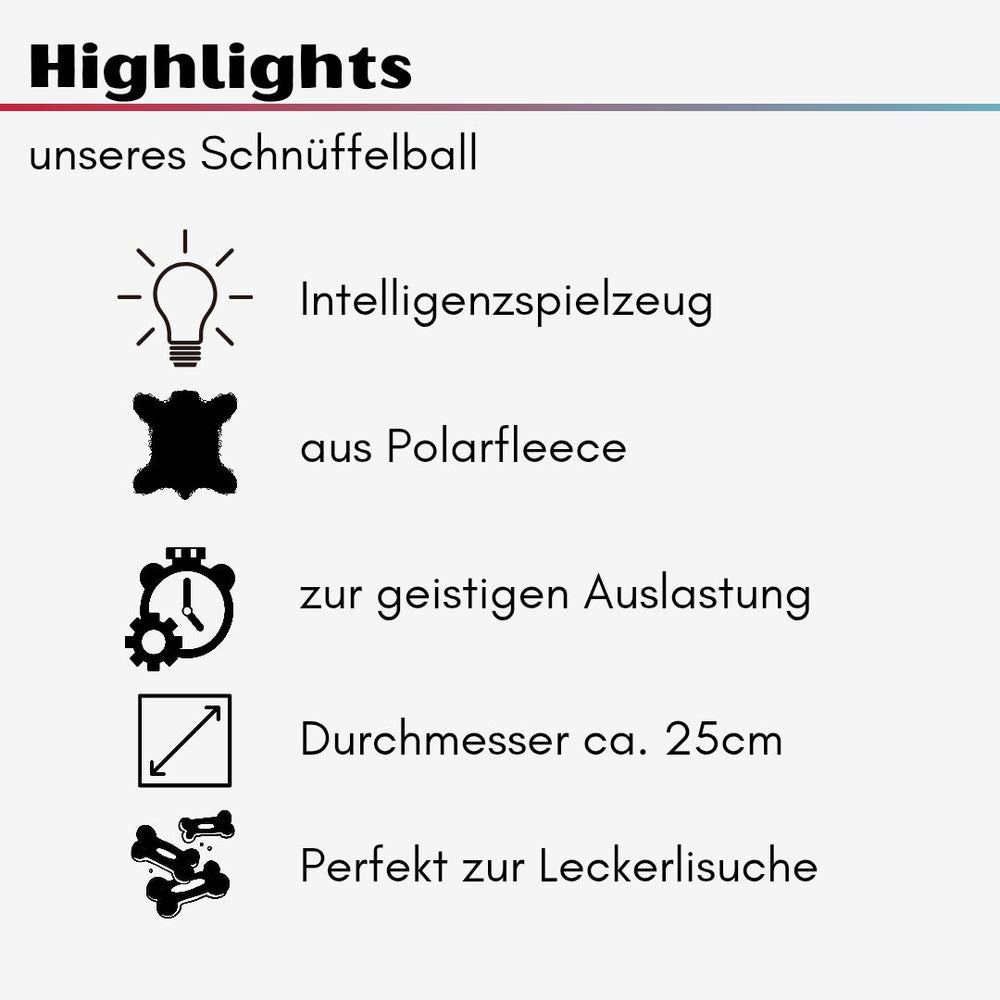Hundespielzeug Schnüffelball aus Polarflleece, 25 cm Durchmesser, ideal für geistige Auslastung und Leckerlisuchspiele.