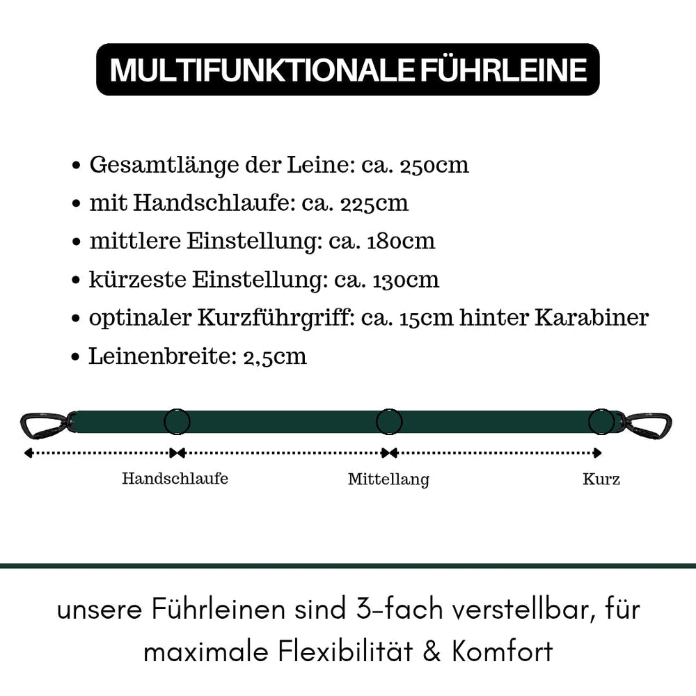 "Führleine aus Nylon mit Sicherheitskarabiner, 250 cm lang, einstellbar in 225 cm, 180 cm und kürzeste Länge."