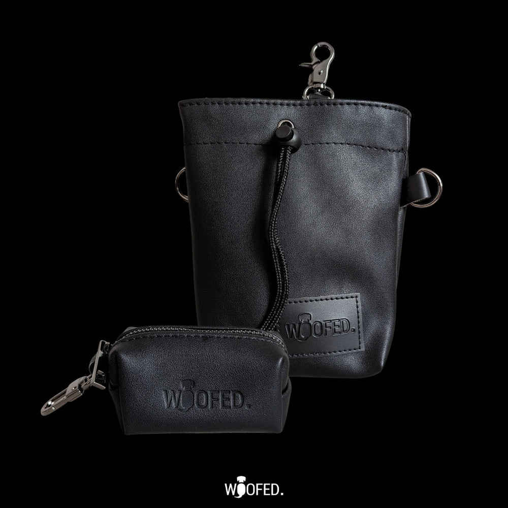 Schwarze Lederimitat-Taschen: eine Kordelzug-Tasche und ein Schlüsselbeutel mit Clipverschluss.
