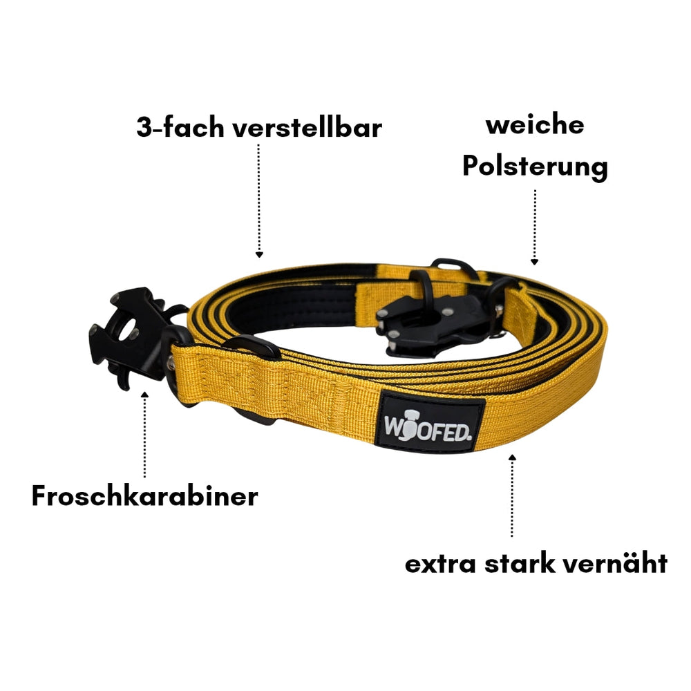 Gelber Hundegurt mit Froschkarabiner, dreifach verstellbar, weich gepolstert und stabil vernäht.