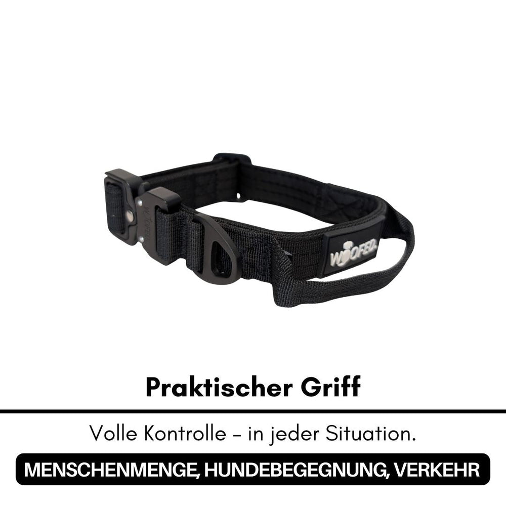 Ultraleichtes schwarzes Nylon-Hundehalsband mit Griff und "Woofers"-Schriftzug für optimale Kontrolle.