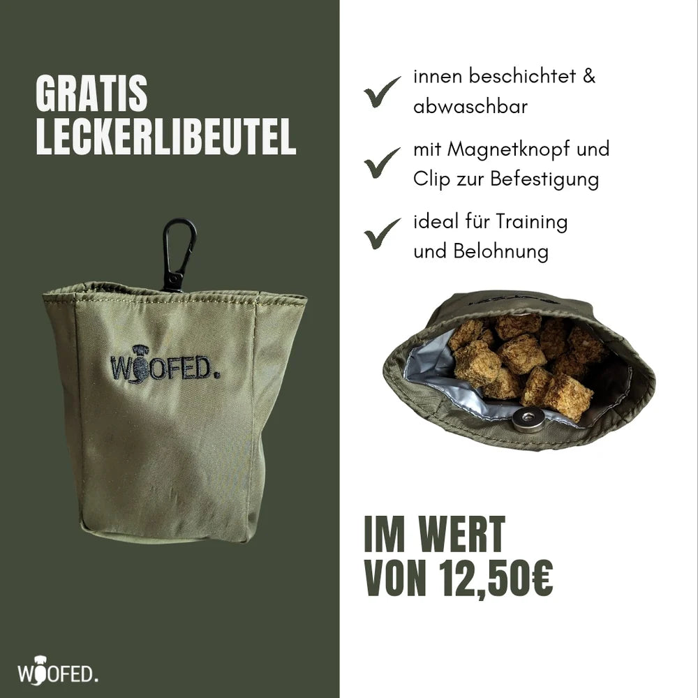 Olivgrüne Multifunktionale Gassitasche von WooFed, abwaschbar mit Magnetknopf und Clip zur Befestigung.