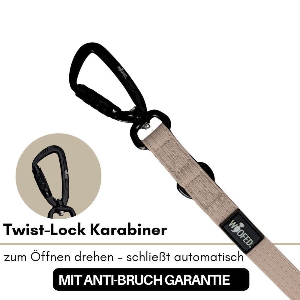 Schwarzer Twist-Lock Karabiner an beigem Nylon-Gurt für optimale Sicherheit beim Outdoor-Aktivitäten.