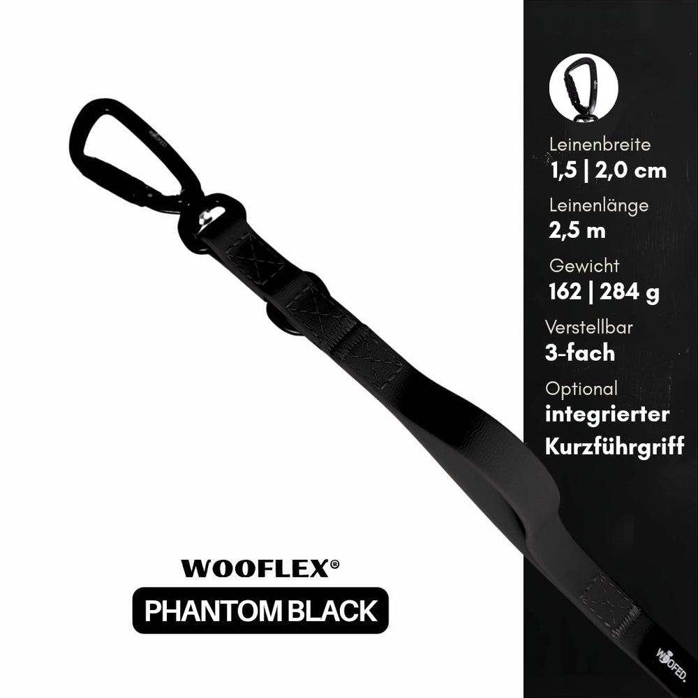 Schwarze WOOFLEX® Hundeleine mit Sicherheitskarabiner, 1,5 cm breit und 2,5 m lang, ideal für sicheres Gassi gehen.
