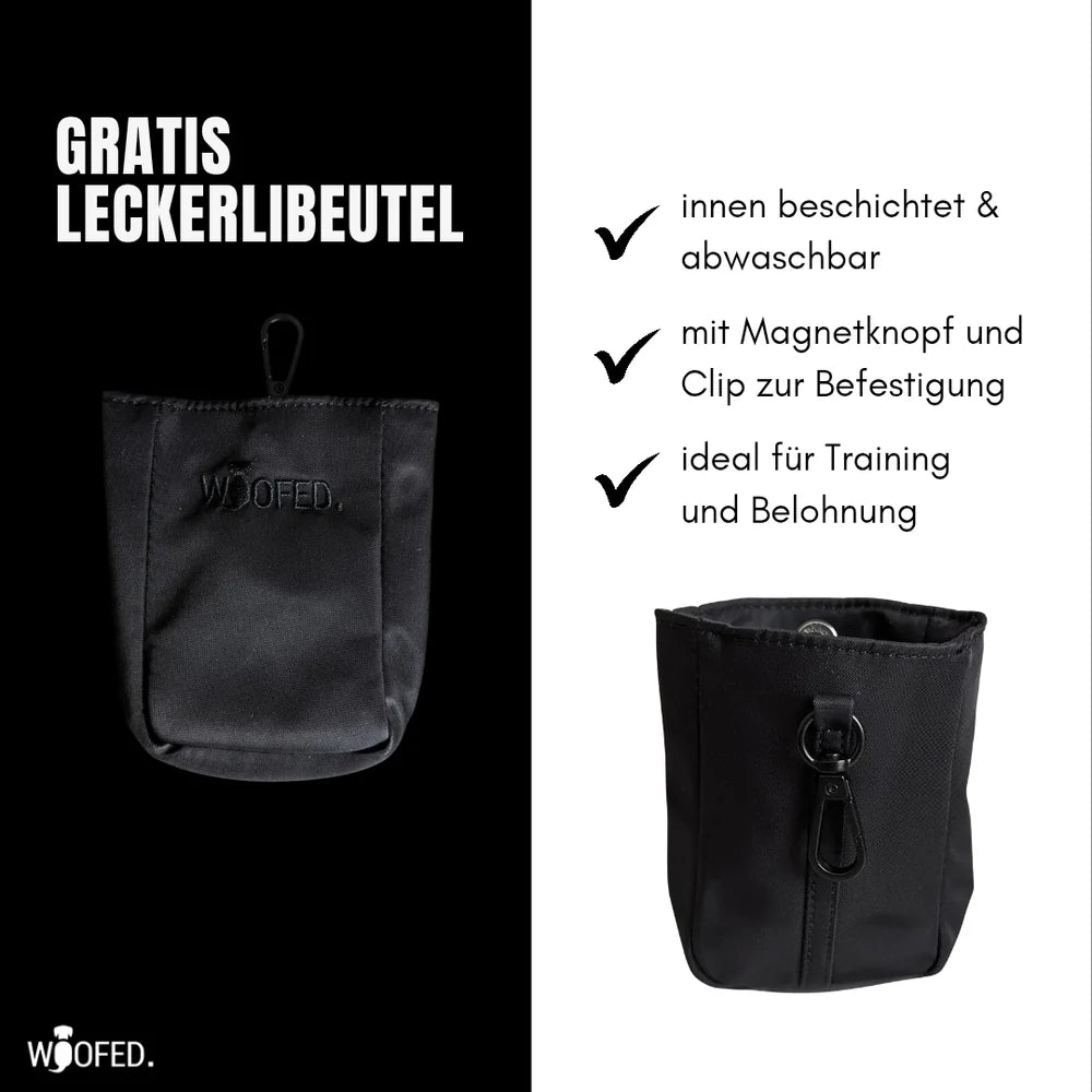 Multifunktionale Gassitasche in Schwarz mit magnetischem Verschluss und Clip, abwaschbar und praktisch für unterwegs.