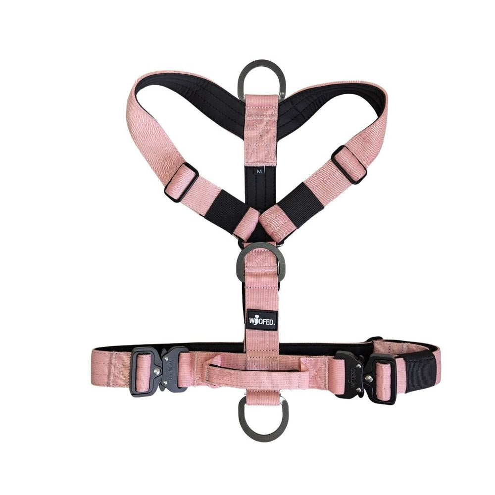 Ergonomisches Y-Hundegeschirr in Pink und Schwarz mit verstellbaren Riemen und D-Ringen für optimalen Komfort und Kontrolle.