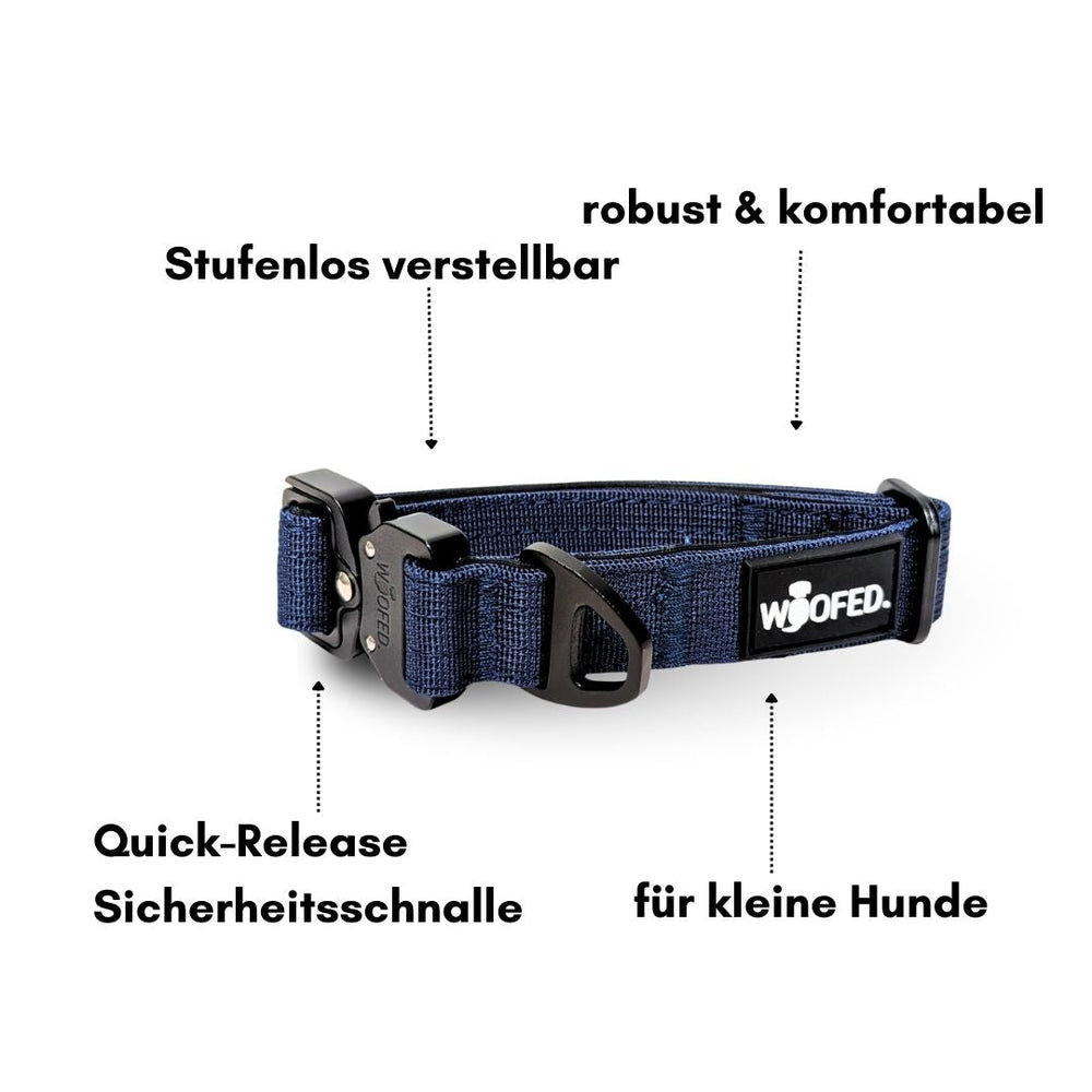 Nylon Halsband mit Griff in dunkelblau, robust, komfortabel und stufenlos verstellbar für Hunde.