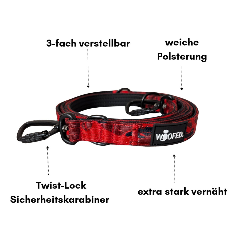 Rote Hundeleine mit Camouflagemuster, dreifach verstellbar und gepolstert, mit Twist-Lock Sicherheitskarabiner.