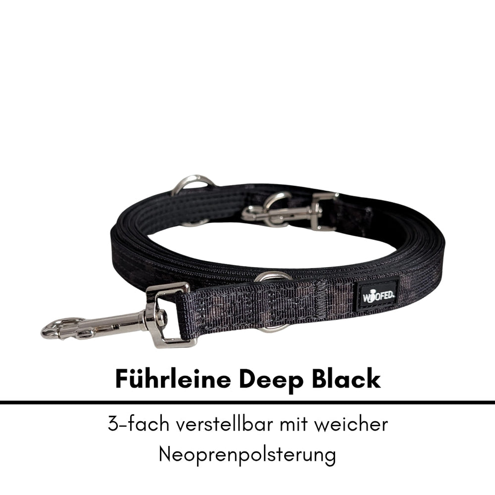 Schwarze Nylon Classic Hundeleine, dreifach verstellbar, mit weichem Neopren gepolstert und robustem Karabinerhaken.